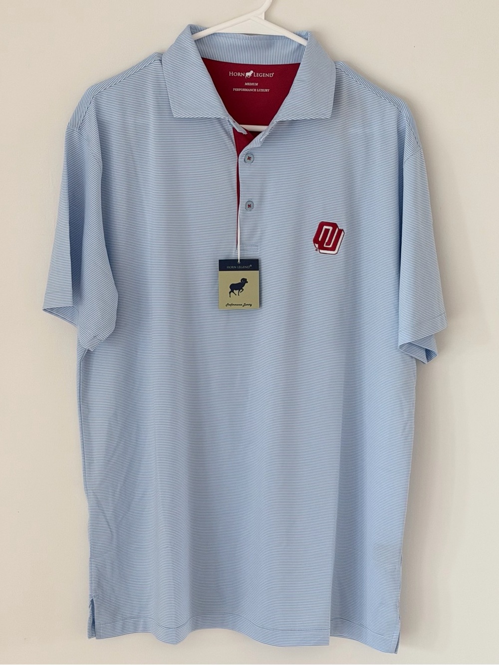 NEW WITH TAGS Oklahoma Sooners 1979 SEC Light Blue 1/24 Stripe Polo Horn Legend